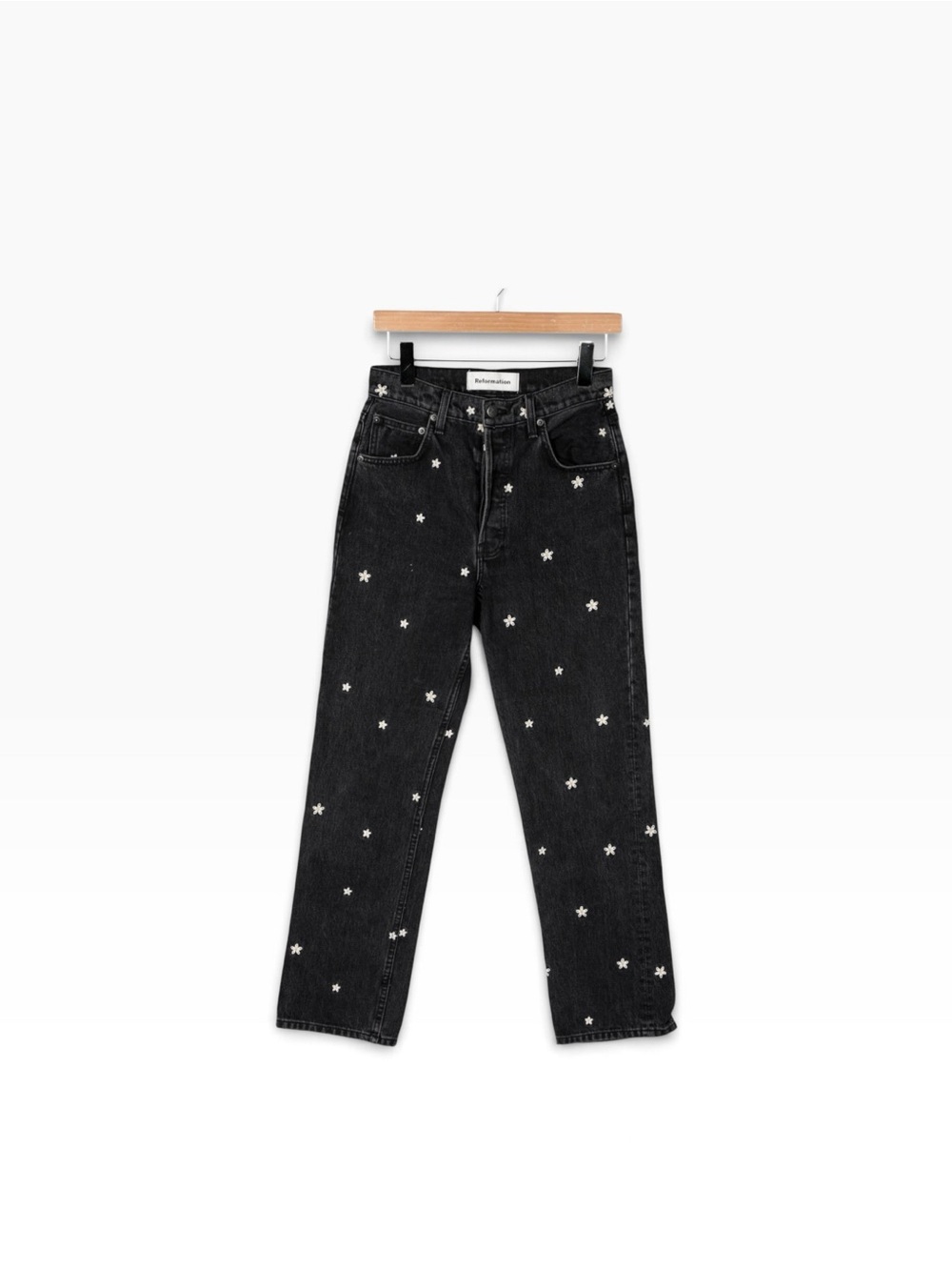 Reformation Black Star-Print Straight-Leg Jeans